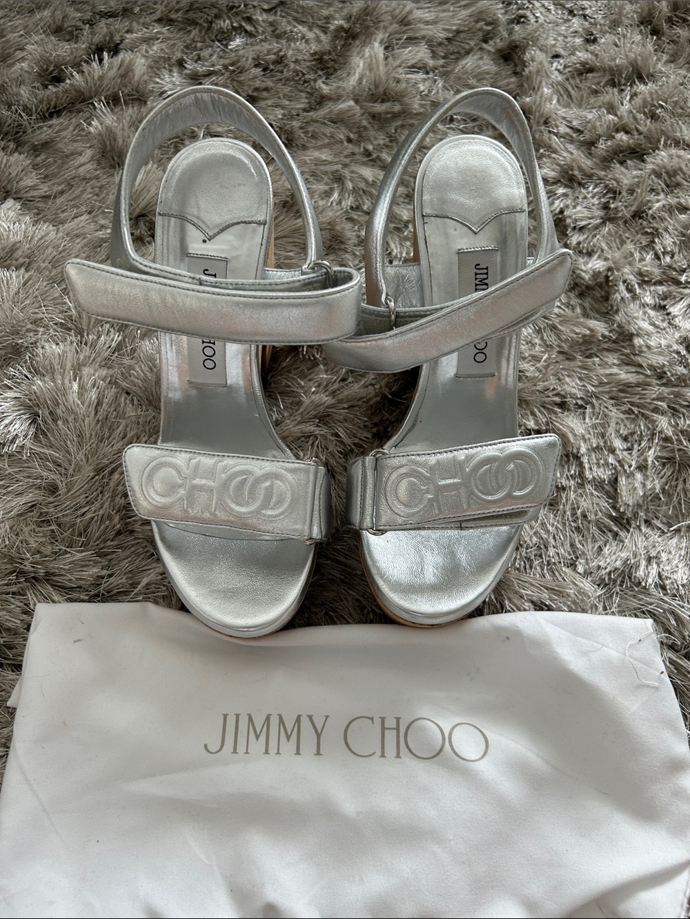 Jimmy Choo Metallic Silver Logo Strap Slingback Sandals
